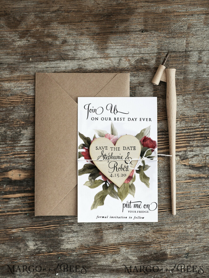 DATEN MERKEN rustikale Boho-Magnete Datum merken Karte mit personalisiertem rustikalem Holz Kühlschrankmagnet und Bastelumschlag Hochzeit Datum merken Karte und Herzmagnet, Blush Pink Datum sichern Holzmagnete, Boho Datum sichern
