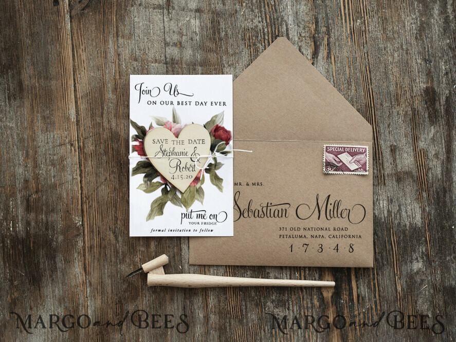 DATEN MERKEN rustikale Boho-Magnete Datum merken Karte mit personalisiertem rustikalem Holz Kühlschrankmagnet und Bastelumschlag Hochzeit Datum merken Karte und Herzmagnet, Blush Pink Datum sichern Holzmagnete, Boho Datum sichern