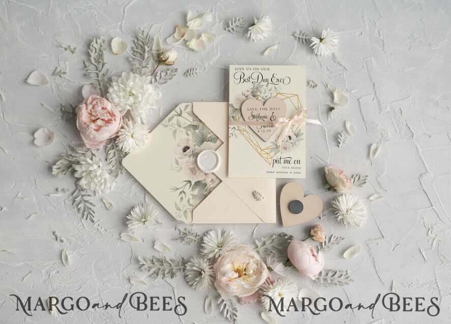 DATEN MERKEN rustikale Boho-Magnete Hochzeits-Save-The-Date-Karte und Herzmagnet, Blush Pink Save Our Date-Magnete, Boho Save Our Date-Karten mit Holzmagnetkarten.
