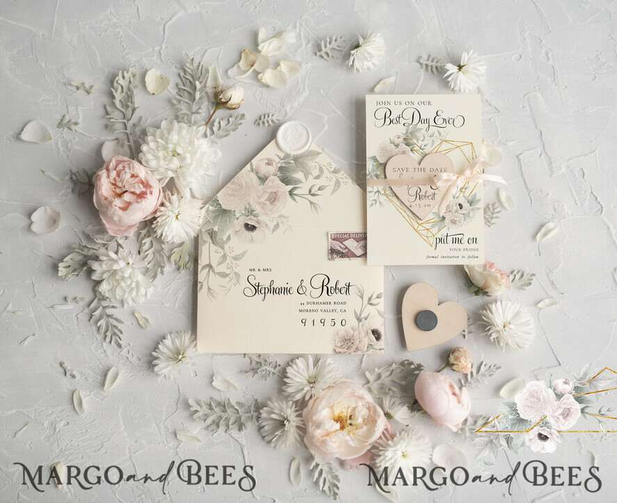 DATEN MERKEN rustikale Boho-Magnete Hochzeits-Save-The-Date-Karte und Herzmagnet, Blush Pink Save Our Date-Magnete, Boho Save Our Date-Karten mit Holzmagnetkarten.