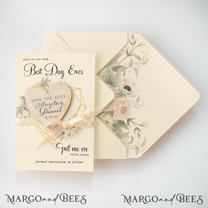 DATEN MERKEN rustikale Boho-Magnete Hochzeits-Save-The-Date-Karte und Herzmagnet, Blush Pink Save Our Date-Magnete, Boho Save Our Date-Karten mit Holzmagnetkarten.