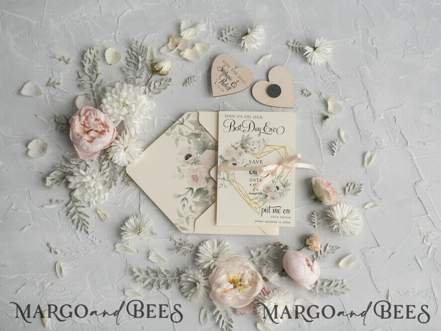 DATEN MERKEN rustikale Boho-Magnete Hochzeits-Save-The-Date-Karte und Herzmagnet, Blush Pink Save Our Date-Magnete, Boho Save Our Date-Karten mit Holzmagnetkarten.