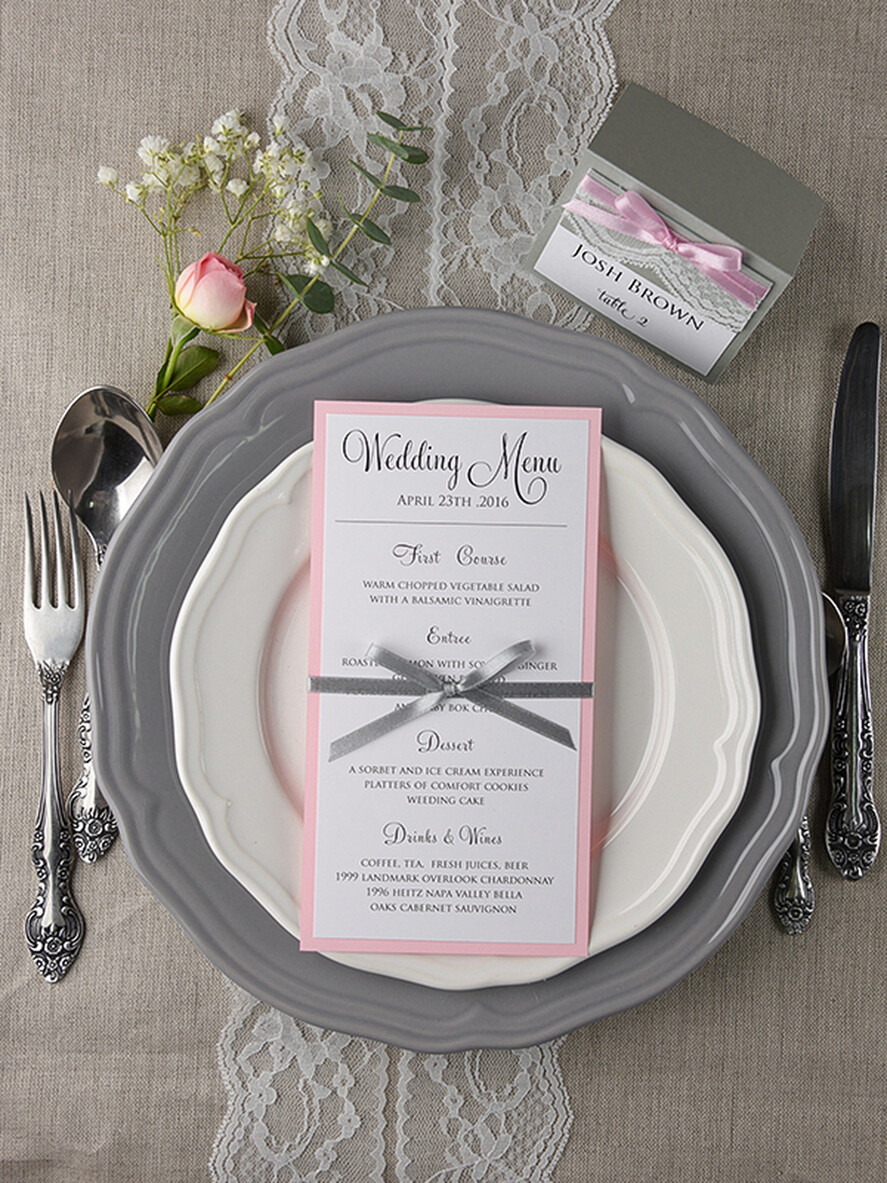 MENU & PROGRAMS rustic and lace Glamour Blush Pink Wedding Menu, Romantic Minimalist Dinner menu with Ribbon, Elegant Simple Party Table Menu, Modern Chic White And Pink Wedding Menu Card     