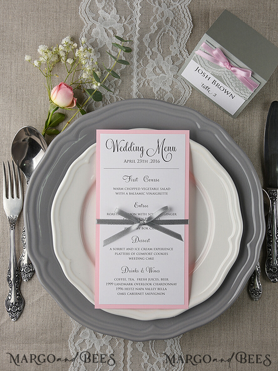 MENU & PROGRAMS rustic and lace Glamour Blush Pink Wedding Menu, Romantic Minimalist Dinner menu with Ribbon, Elegant Simple Party Table Menu, Modern Chic White And Pink Wedding Menu Card     