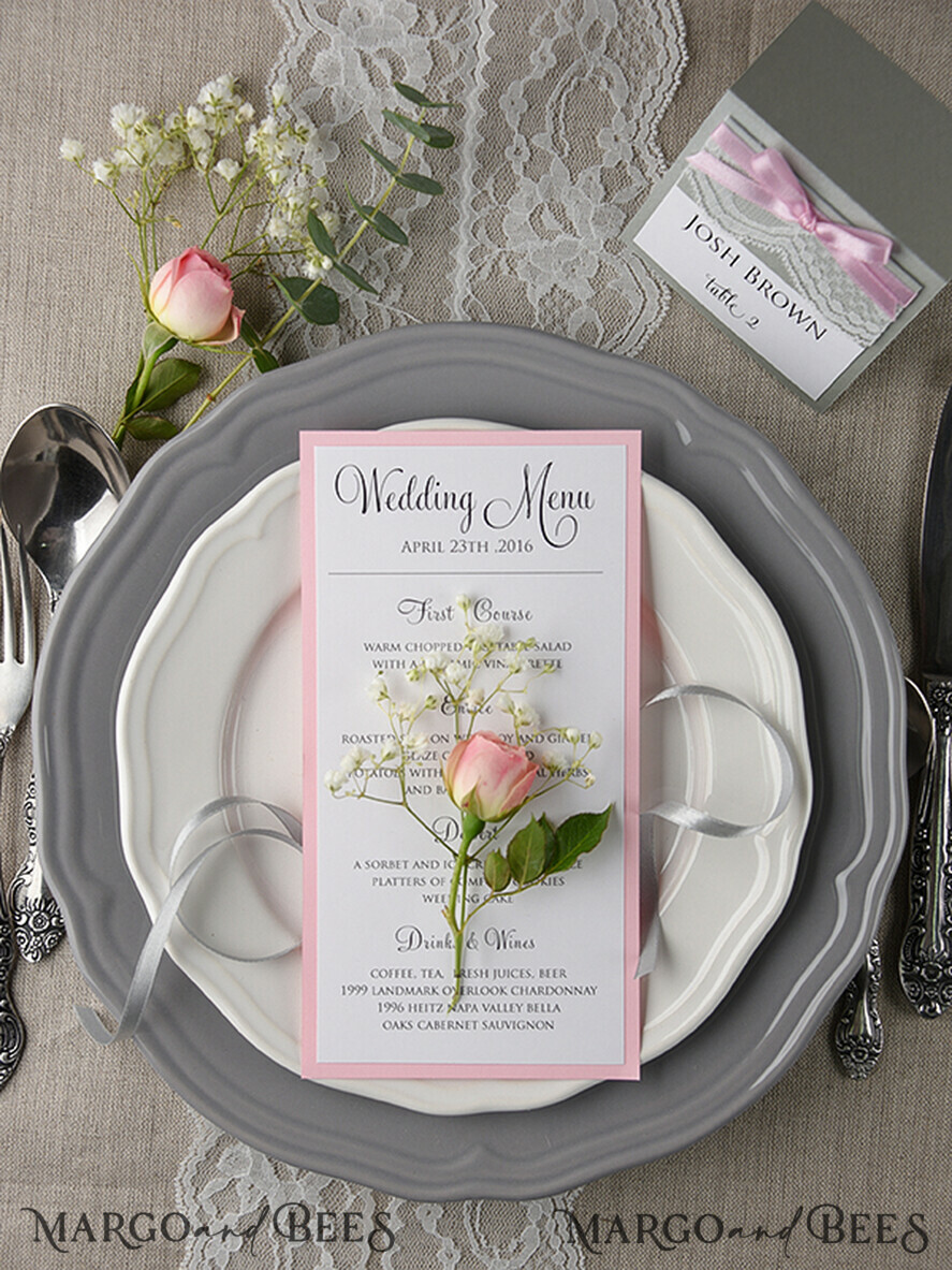 MENU & PROGRAMS rustic and lace Glamour Blush Pink Wedding Menu, Romantic Minimalist Dinner menu with Ribbon, Elegant Simple Party Table Menu, Modern Chic White And Pink Wedding Menu Card     