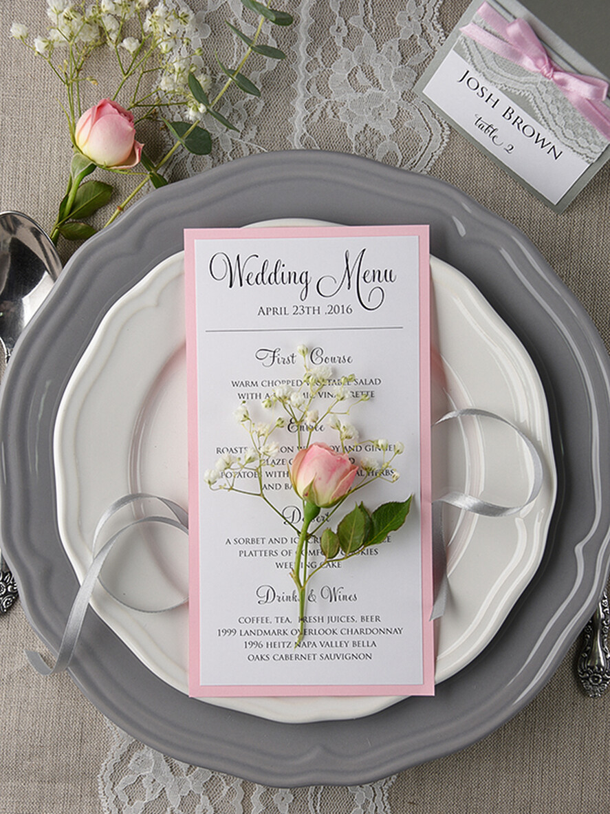 MENU & PROGRAMS rustic and lace Glamour Blush Pink Wedding Menu, Romantic Minimalist Dinner menu with Ribbon, Elegant Simple Party Table Menu, Modern Chic White And Pink Wedding Menu Card     
