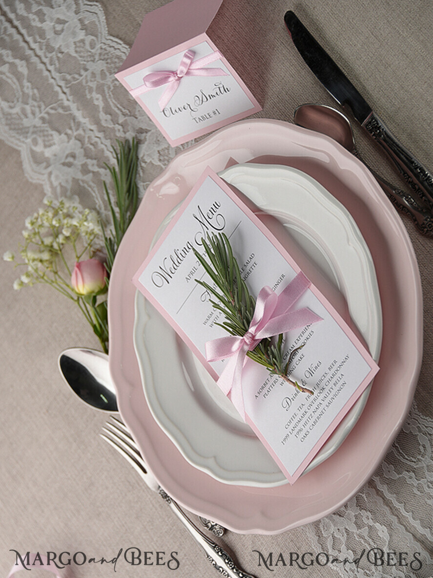 MENU & PROGRAMS rustic and lace Romantic Handmade Blush Pink Wedding Menu, Glamour Minimalist Dinner menu with Ribbon, Elegant Simple Party Table Menu, Modern White And Pink Wedding Menu Card 
