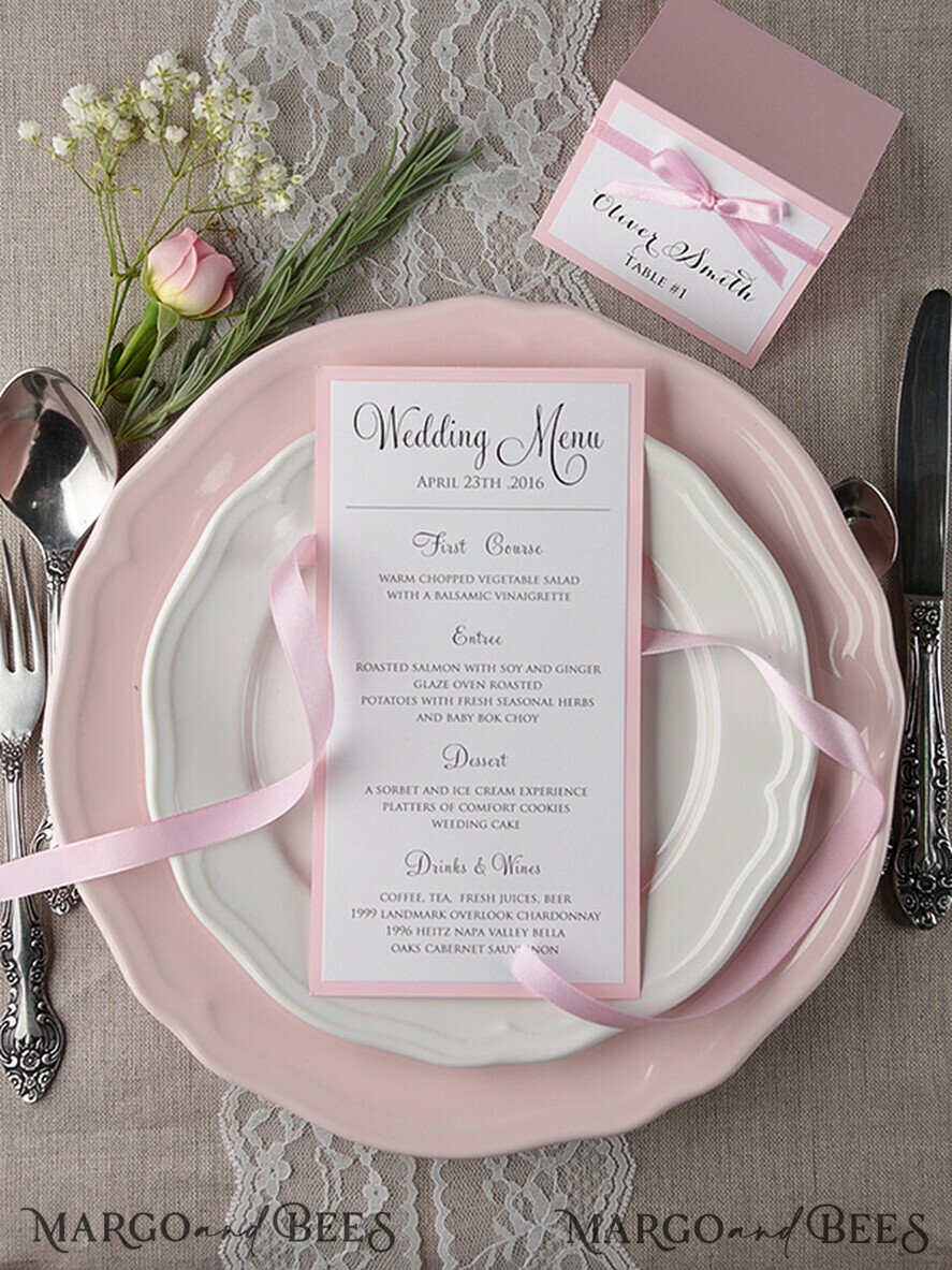 MENU & PROGRAMS rustic and lace Romantic Handmade Blush Pink Wedding Menu, Glamour Minimalist Dinner menu with Ribbon, Elegant Simple Party Table Menu, Modern White And Pink Wedding Menu Card 