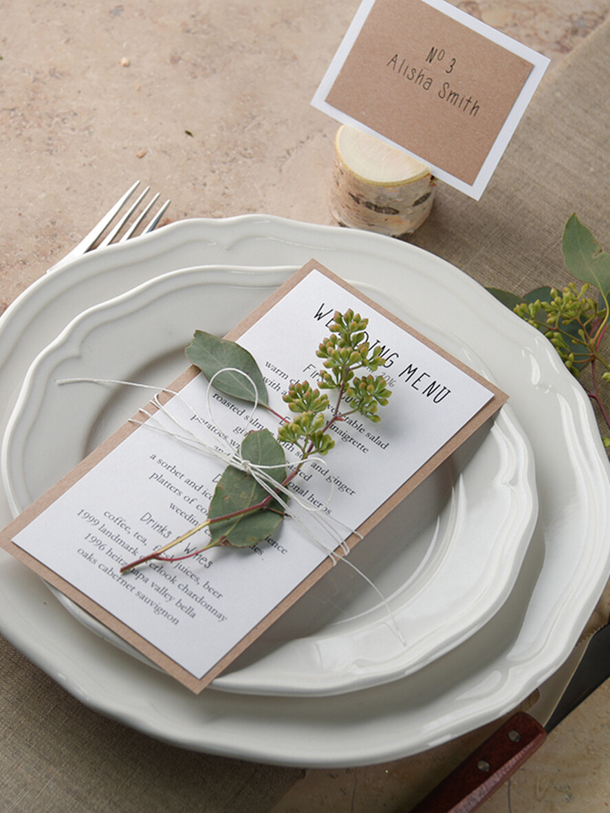 MENU & PROGRAMS rustic and lace Rustic Wedding Menu with Twine, Barn Wedding Dinner Menu, White Romantic Personalized Cards, Kraft Wedding Menu, Simple Rustic Wedding Menu, Elegant Eco Wedding Menu Cards