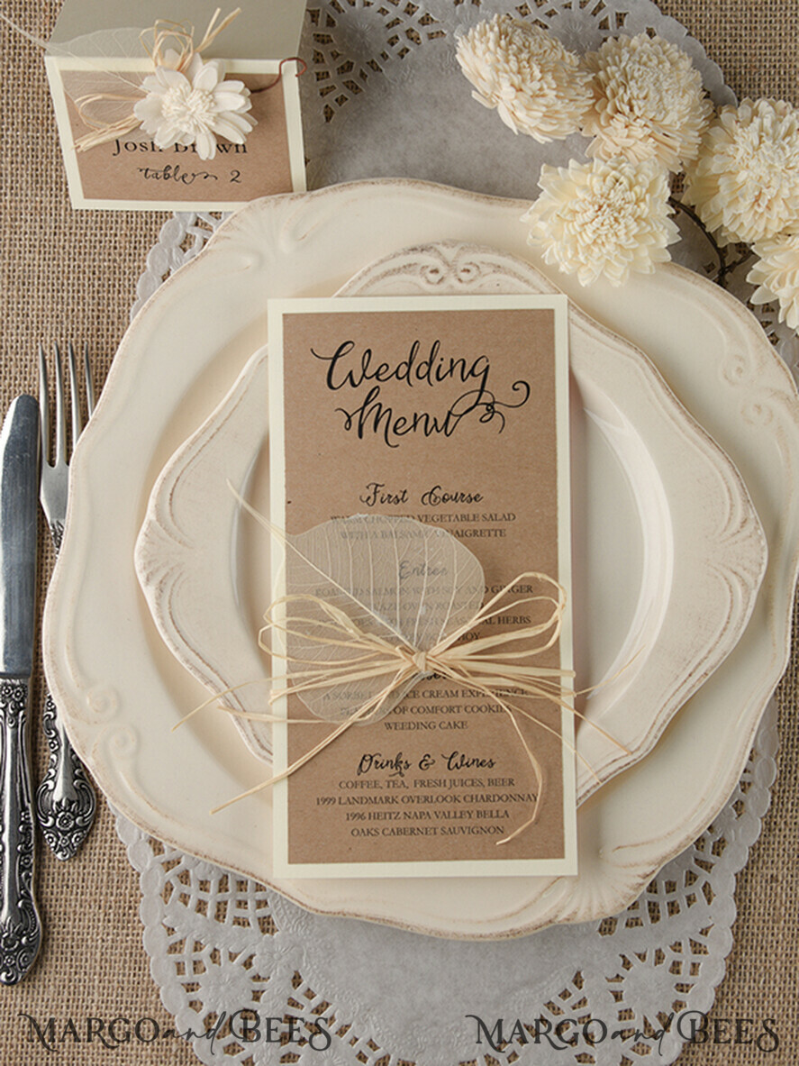 MENU & PROGRAMS rustic and lace Rustic Brown Wedding Menu, Barn Wedding Dinner Menu, Eco Romantic Personalized Cards with Twine And Leaf, Kraft Wedding Menu, Simple Rustic Wedding Menu, Elegant Eco Brown Wedding Menu Cards