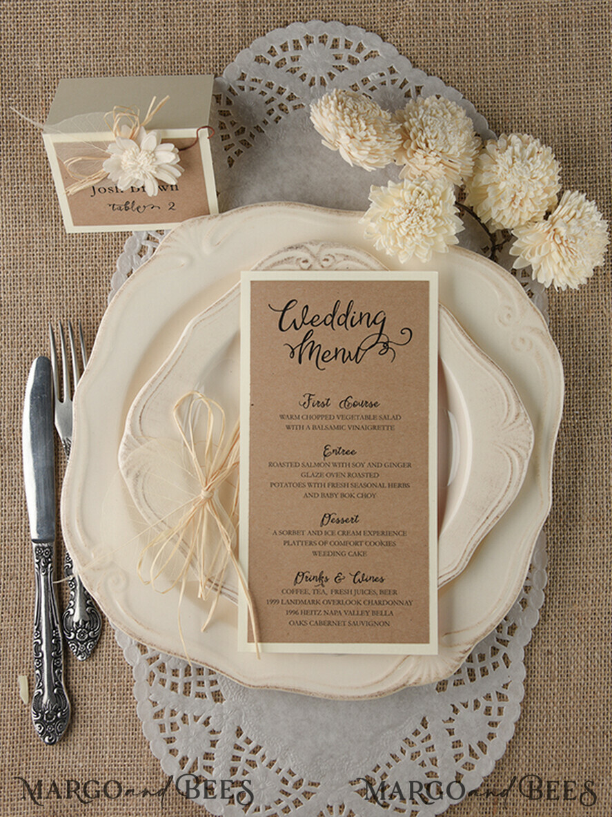 MENU & PROGRAMS rustic and lace Rustic Brown Wedding Menu, Barn Wedding Dinner Menu, Eco Romantic Personalized Cards with Twine And Leaf, Kraft Wedding Menu, Simple Rustic Wedding Menu, Elegant Eco Brown Wedding Menu Cards