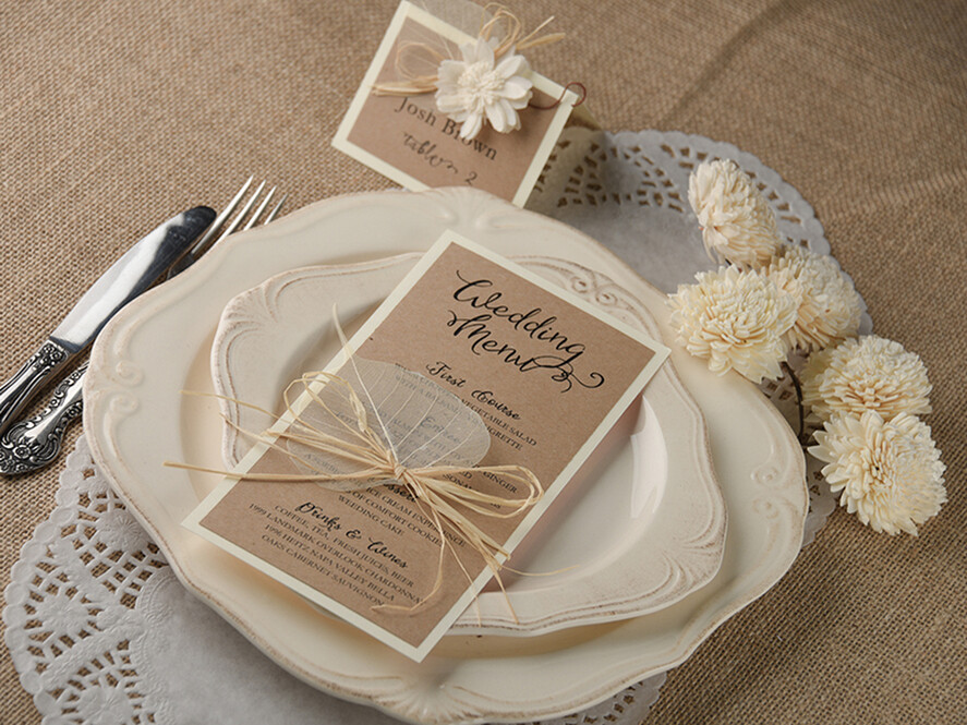MENU & PROGRAMS rustic and lace Rustic Brown Wedding Menu, Barn Wedding Dinner Menu, Eco Romantic Personalized Cards with Twine And Leaf, Kraft Wedding Menu, Simple Rustic Wedding Menu, Elegant Eco Brown Wedding Menu Cards
