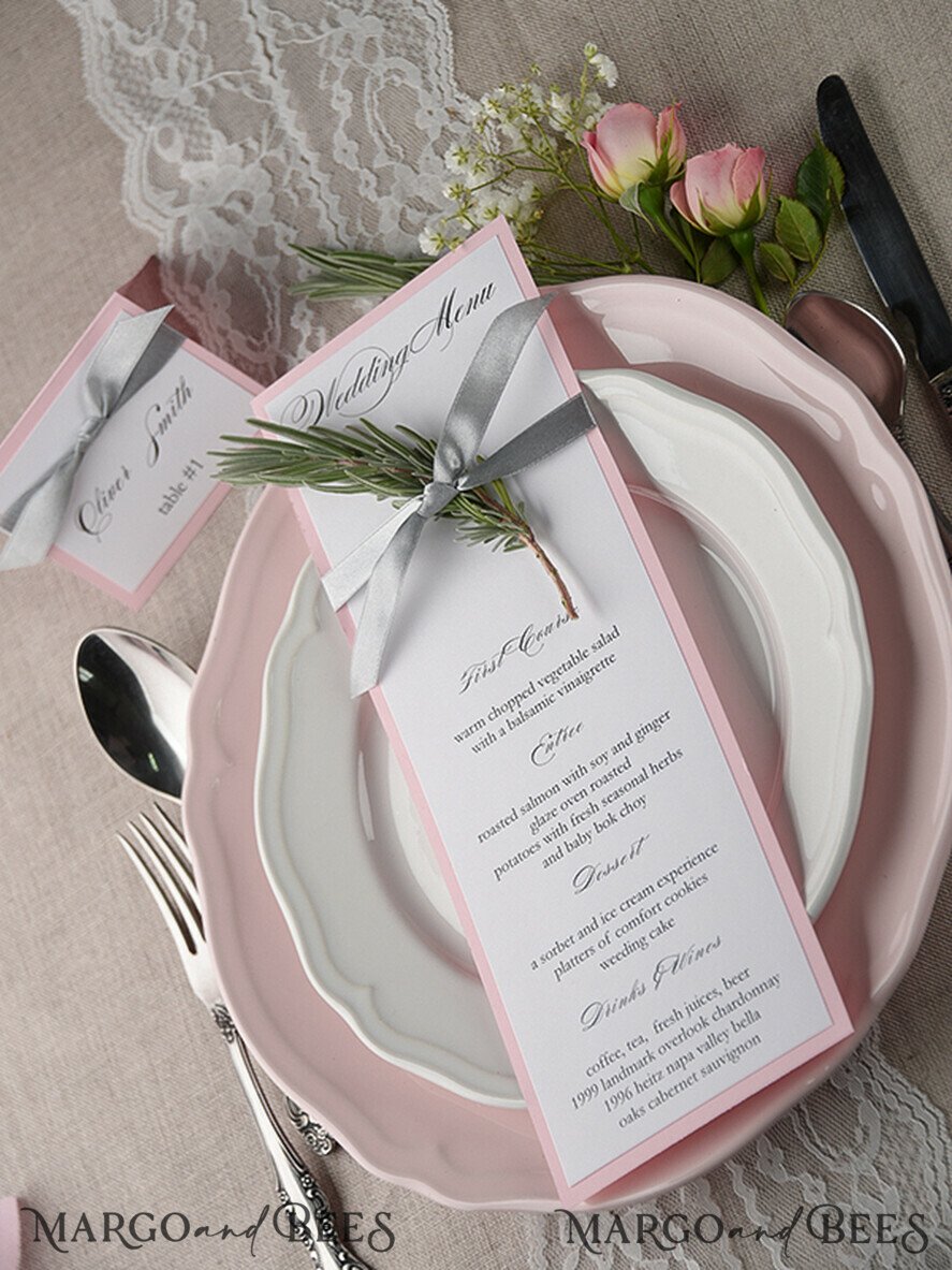 MENU & PROGRAMS rustic and lace Romantic Wedding Menu with Grey Ribbon, Vintage Personalized Menu Cards, Light Grey and Blush Pink Shabby Chic Wedding Menu, Elegant Handmade Wedding Menu Card 