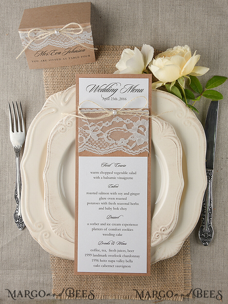 MENU & PROGRAMS rustic and lace Minimalist Brown Wedding Menu, Aesthetic Chic Lace Reception Dinner Menu, Romantic Menu With Burlap Twine, Elegant White And Brown Handmade Wedding Menu Cards  