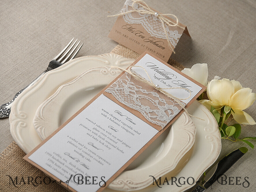 MENU & PROGRAMS rustic and lace Minimalist Brown Wedding Menu, Aesthetic Chic Lace Reception Dinner Menu, Romantic Menu With Burlap Twine, Elegant White And Brown Handmade Wedding Menu Cards  