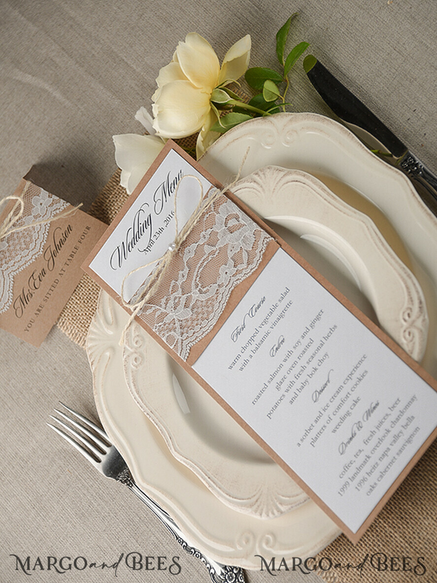 MENU & PROGRAMS rustic and lace Minimalist Brown Wedding Menu, Aesthetic Chic Lace Reception Dinner Menu, Romantic Menu With Burlap Twine, Elegant White And Brown Handmade Wedding Menu Cards  