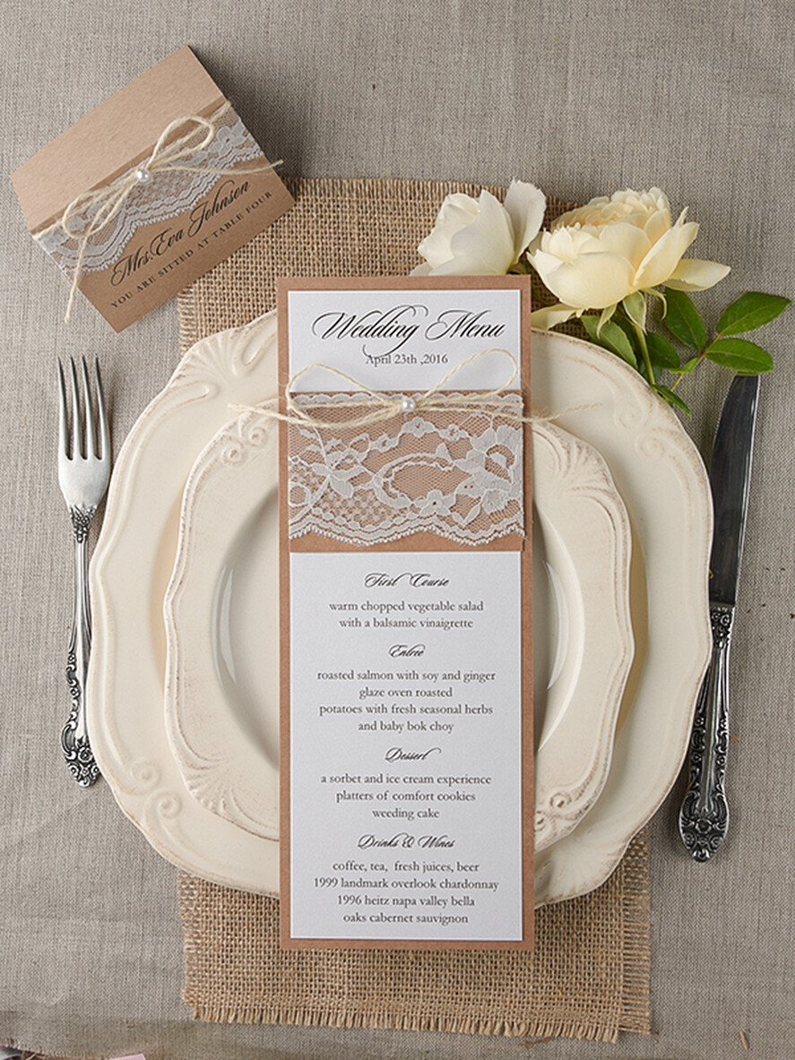 MENU & PROGRAMS rustic and lace Minimalist Brown Wedding Menu, Aesthetic Chic Lace Reception Dinner Menu, Romantic Menu With Burlap Twine, Elegant White And Brown Handmade Wedding Menu Cards  