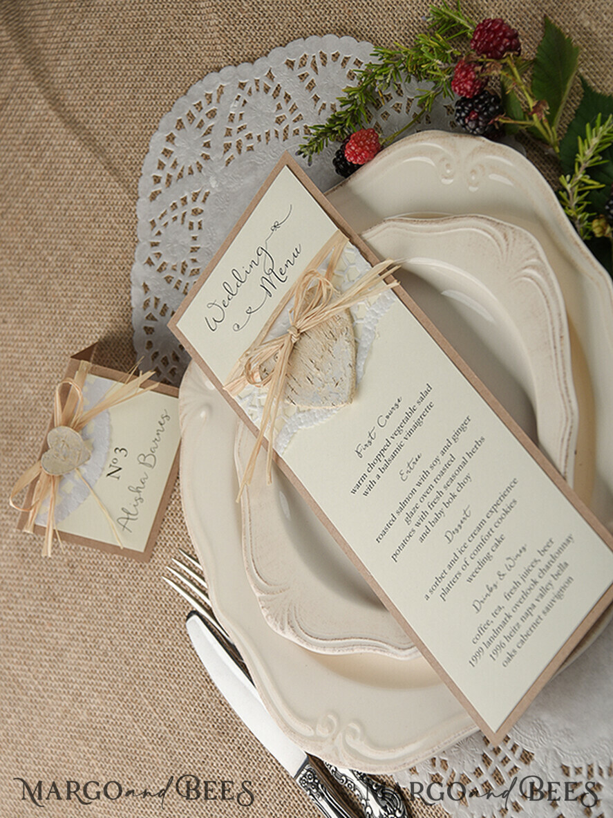 MENU & PROGRAMS rustic and lace Minimalist Brown Wedding Menu, Aesthetic Lace Reception Dinner Menu, Romantic Menu With Wooden Heart, Elegant  Wedding Menu Cards