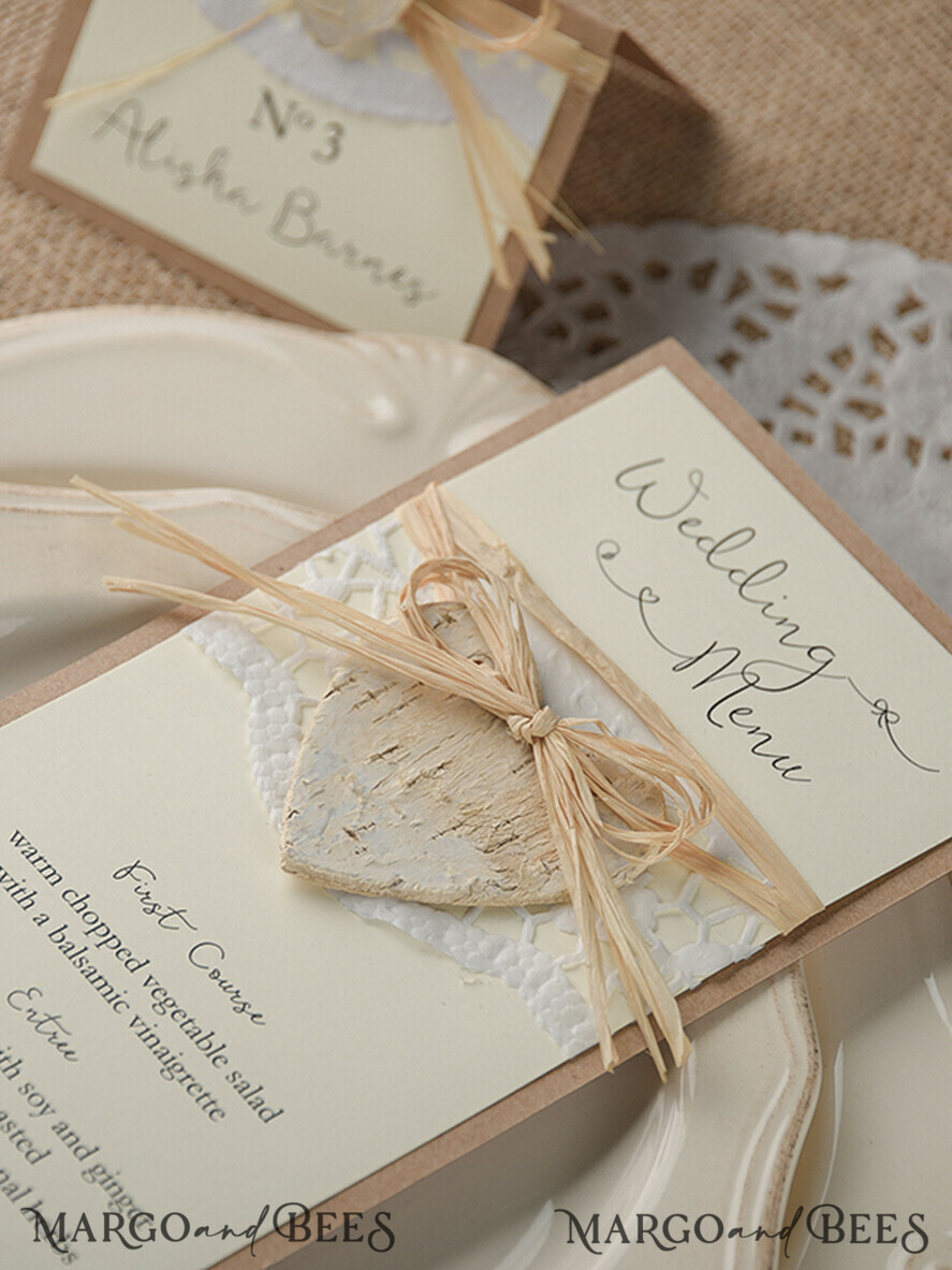 MENU & PROGRAMS rustic and lace Minimalist Brown Wedding Menu, Aesthetic Lace Reception Dinner Menu, Romantic Menu With Wooden Heart, Elegant  Wedding Menu Cards