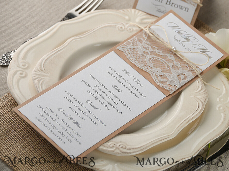 MENU & PROGRAMS rustic and lace Minimalist Brown Wedding Menu, Aesthetic Lace Reception Dinner Menu, Romantic Menu With Burlap Twine, Elegant  Wedding Menu Cards