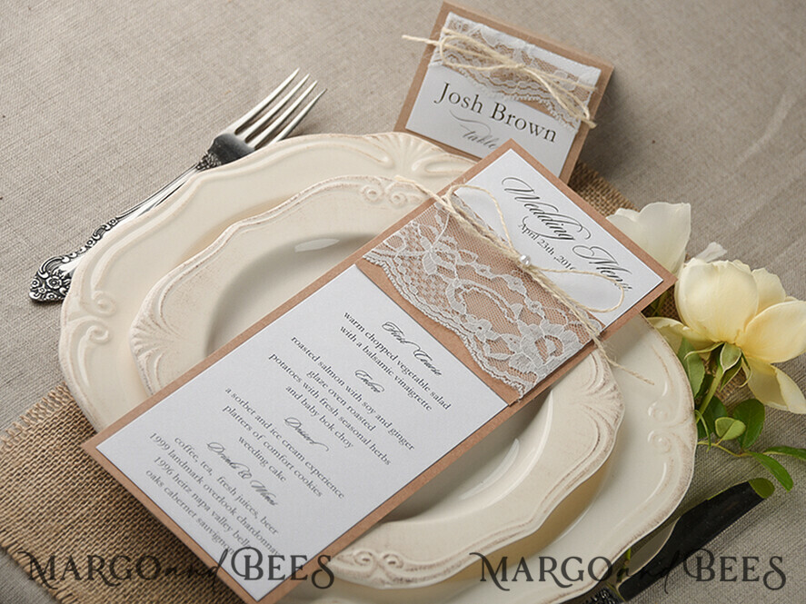 MENU & PROGRAMS rustic and lace Minimalist Brown Wedding Menu, Aesthetic Lace Reception Dinner Menu, Romantic Menu With Burlap Twine, Elegant  Wedding Menu Cards