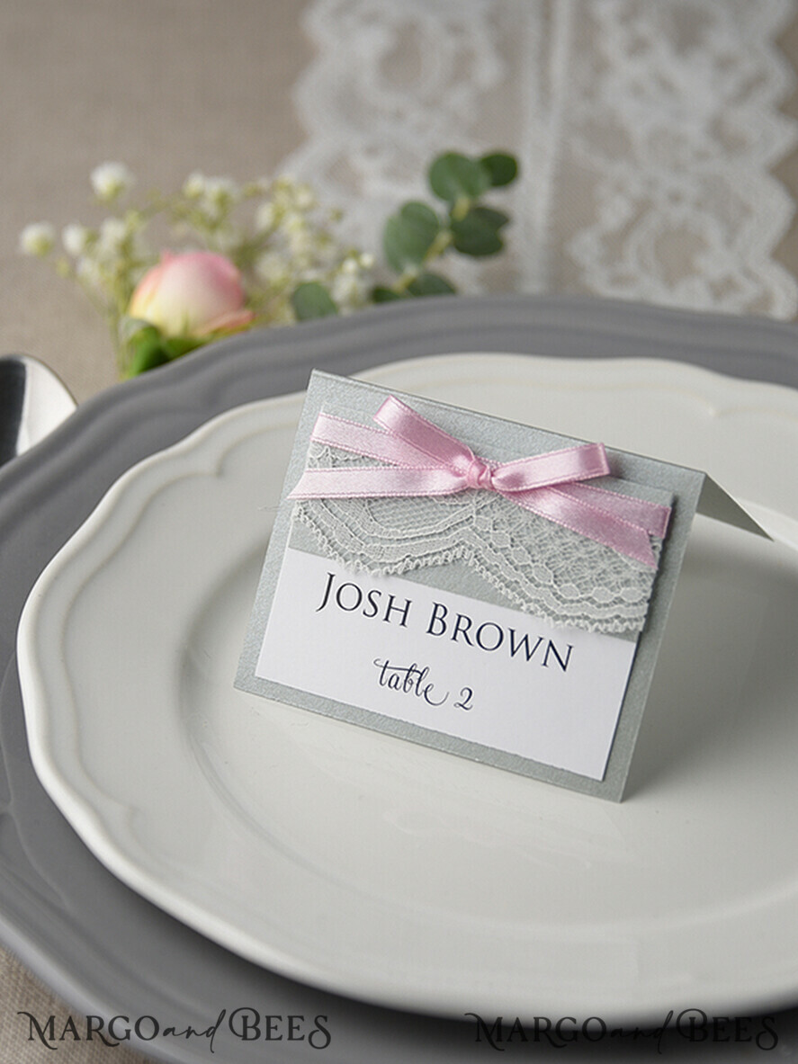PLACE CARDS / TABLE CARDS rustic and lace Elegant White and Grey Wedding Place Cards, Rustic Name Tags, Romantic Wedding Place Cards with Lace and Pink Ribbon, Custom Text, Rustic Wedding Place Cards