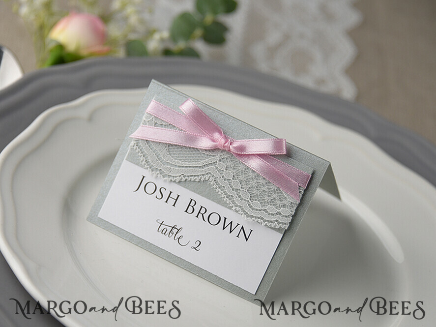 PLACE CARDS / TABLE CARDS rustic and lace Elegant White and Grey Wedding Place Cards, Rustic Name Tags, Romantic Wedding Place Cards with Lace and Pink Ribbon, Custom Text, Rustic Wedding Place Cards