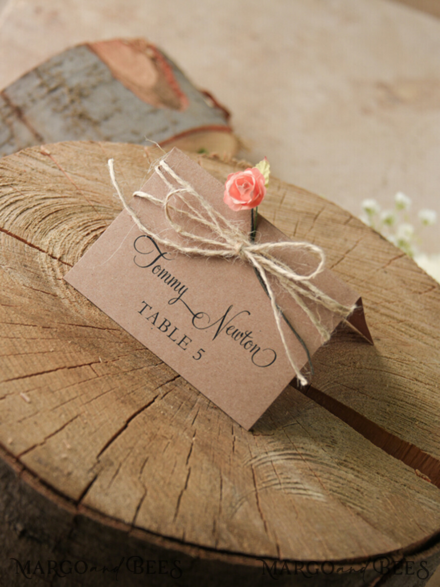 PLACE CARDS / TABLE CARDS rustic and lace Rustic Eco Brown Wedding Place Cards, Delicate Wedding Name Tag with White Rose Decor, Burlap Twine and Rose Decor, Unique Eco Wedding Stationery, Editable Text