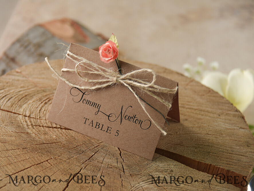 PLACE CARDS / TABLE CARDS rustic and lace Rustic Eco Brown Wedding Place Cards, Delicate Wedding Name Tag with White Rose Decor, Burlap Twine and Rose Decor, Unique Eco Wedding Stationery, Editable Text
