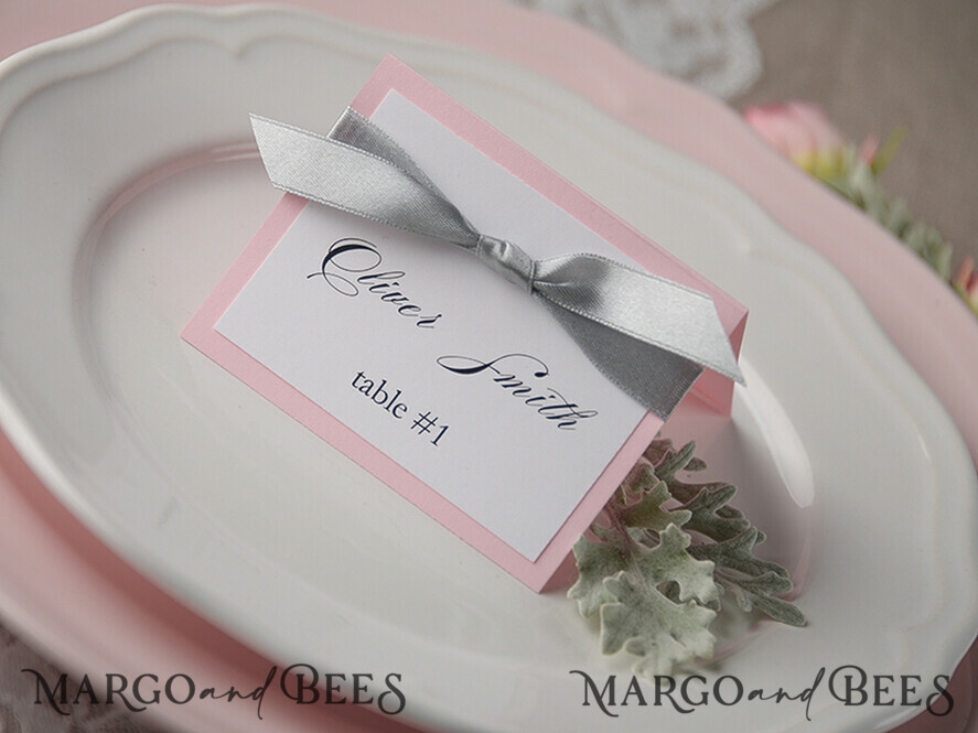 PLACE CARDS / TABLE CARDS rustic and lace Romantic Pink Wedding Place Cards, Blush Pink Name Tags with Grey Ribbon Bow, Elegant Wedding Stationery, Rustic Escort Cards, Editable Text, Wedding Signage