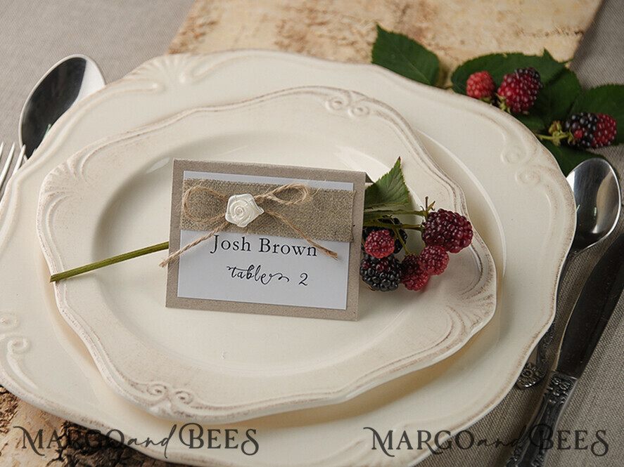 PLACE CARDS / TABLE CARDS rustic and lace Elegant Eco Brown Wedding Place Cards with White Rose, Ivory Wedding Name Tags with Brown Burlap Twine and Dried Leaf, Rustic Wedding Stationery, Editable Text
