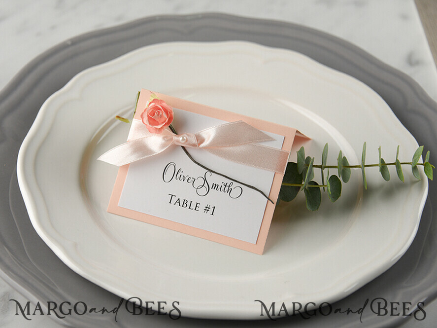 PLACE CARDS / TABLE CARDS rustic and lace Romantic Pink Ribbon Bow Wedding Place Cards, Blush Pink Name Tags with Light Pink Ribbon Bow, Elegant Wedding Stationery, Rustic Escort Cards, Editable Text