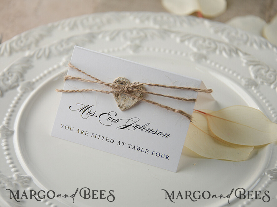 PLACE CARDS / TABLE CARDS rustic and lace Elegant Eco White Wedding Place Cards with Wooden Heart, White Wedding Name Tags with Burlap Twine and Birch Heart, Rustic Wedding Stationery, Editable Text