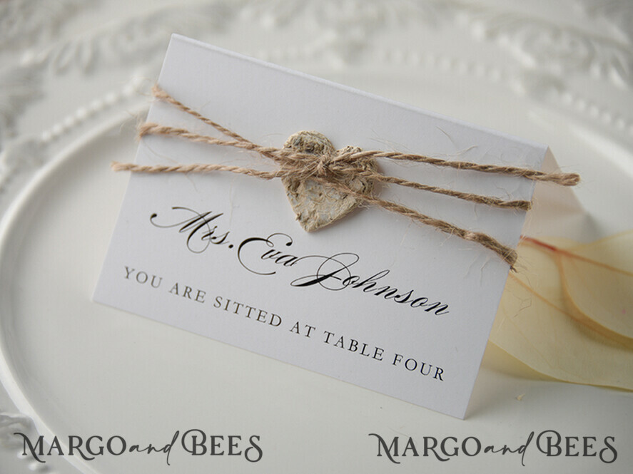 PLACE CARDS / TABLE CARDS rustic and lace Elegant Eco White Wedding Place Cards with Wooden Heart, White Wedding Name Tags with Burlap Twine and Birch Heart, Rustic Wedding Stationery, Editable Text