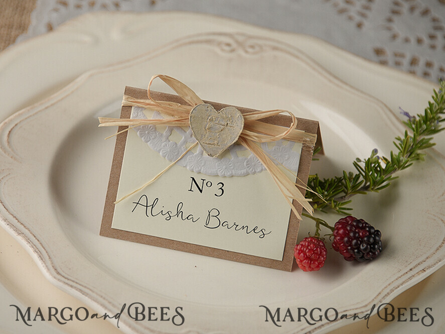 PLACE CARDS / TABLE CARDS rustic and lace Romantic Paper Lace Wedding Place Cards, Rustic Name Tags with Raffia Twine and Wooden Heart, Elegant Wedding Stationery, Rustic Escort Cards, Editable Text