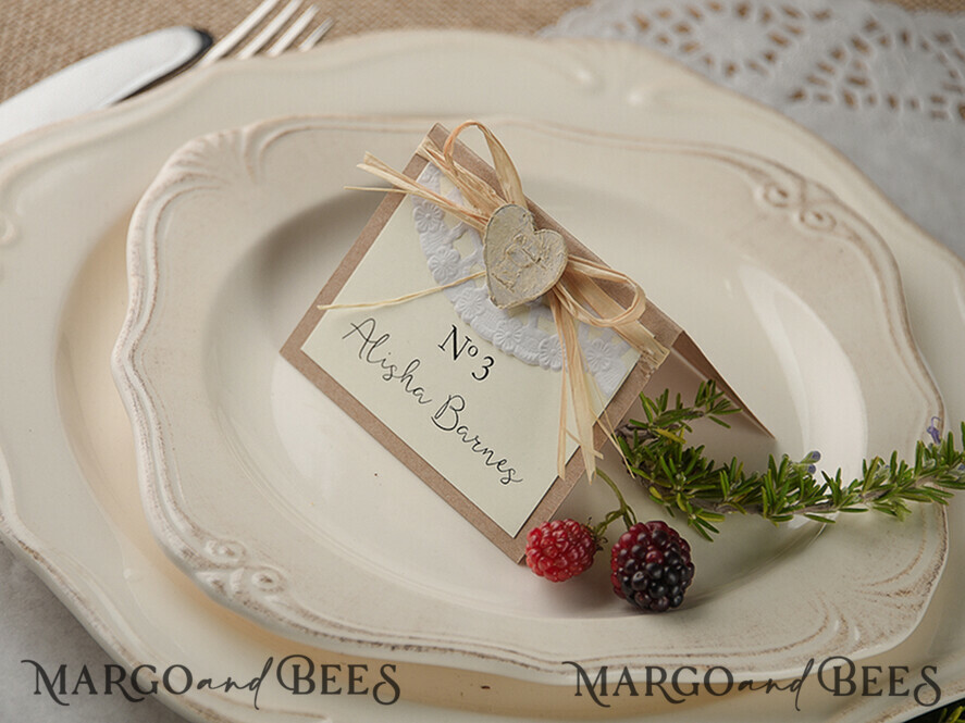 PLACE CARDS / TABLE CARDS rustic and lace Romantic Paper Lace Wedding Place Cards, Rustic Name Tags with Raffia Twine and Wooden Heart, Elegant Wedding Stationery, Rustic Escort Cards, Editable Text
