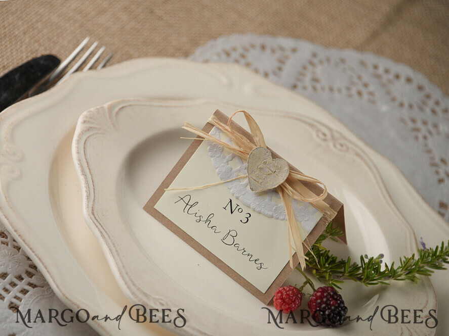 PLACE CARDS / TABLE CARDS rustic and lace Romantic Paper Lace Wedding Place Cards, Rustic Name Tags with Raffia Twine and Wooden Heart, Elegant Wedding Stationery, Rustic Escort Cards, Editable Text