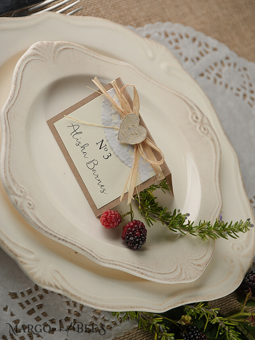 PLACE CARDS / TABLE CARDS rustic and lace Romantic Paper Lace Wedding Place Cards, Rustic Name Tags with Raffia Twine and Wooden Heart, Elegant Wedding Stationery, Rustic Escort Cards, Editable Text