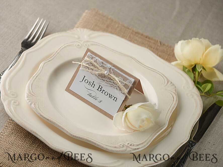 PLACE CARDS / TABLE CARDS rustic and lace Rustic Wedding Place Cards, White and Eco Place Cards, Natural Burlap Twine Wedding Name Cards, Eco Rustic Name Tags, Editable Text, Simple Design Escort Cards