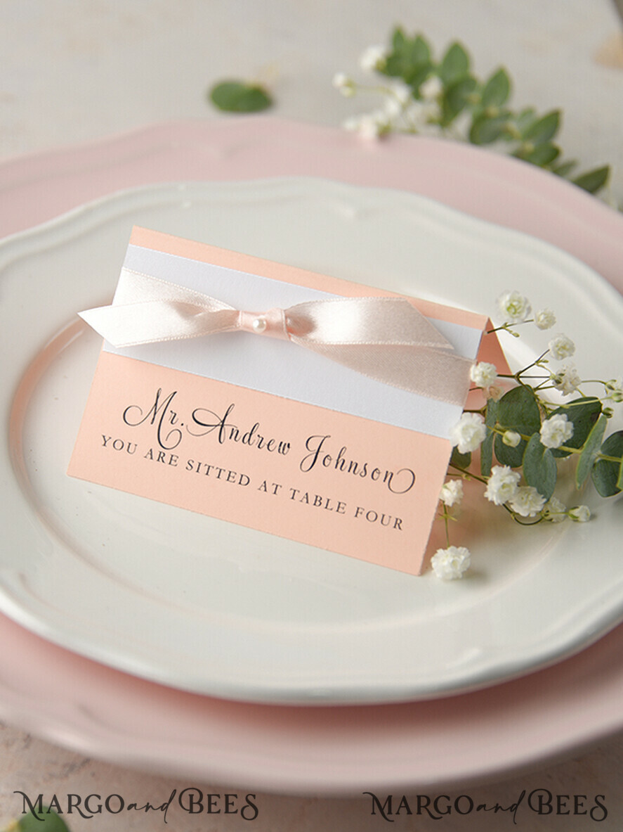 PLACE CARDS / TABLE CARDS rustic and lace Romantic Pink Ribbon Bow Wedding Place Cards, Blush Pink Name Tags with Light Pink Ribbon Bow, Elegant Wedding Stationery, Rustic Escort Cards, Editable Text