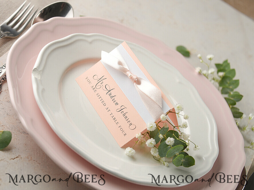 PLACE CARDS / TABLE CARDS rustic and lace Romantic Pink Ribbon Bow Wedding Place Cards, Blush Pink Name Tags with Light Pink Ribbon Bow, Elegant Wedding Stationery, Rustic Escort Cards, Editable Text