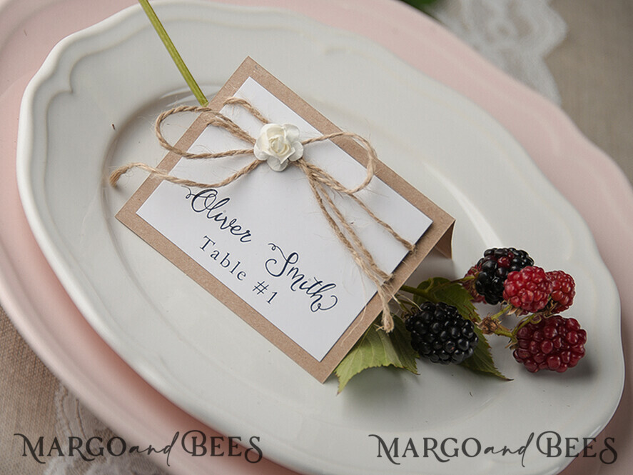 PLACE CARDS / TABLE CARDS rustic and lace Elegant Eco Brown Wedding Place Cards with White Rose Decor, Rustic Wedding Name Tags with Brown Burlap Twine, Rustic Wedding Stationery, Editable Text