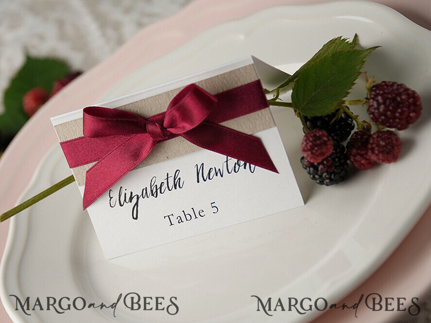 PLACE CARDS / TABLE CARDS rustic and lace Romantic Eco Wedding Place Cards with Marsala Ribbon Bow, Burgundy White and Eco Rustic Wedding Stationery, Elegant Rustic Wedding Place Cards, Editable Wording