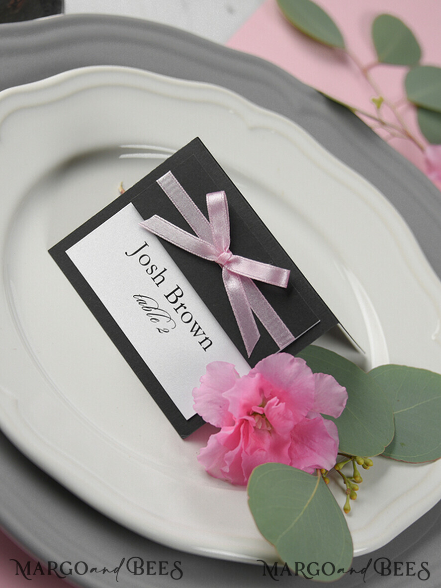 PLACE CARDS / TABLE CARDS rustic and lace Romantic Black Minimalist Wedding Table Place Cards with Pink Ribbon, Modern Elegant Botanical Place Card, Glamour Table Cards, Gorgeous Rustic Wedding Name Tag