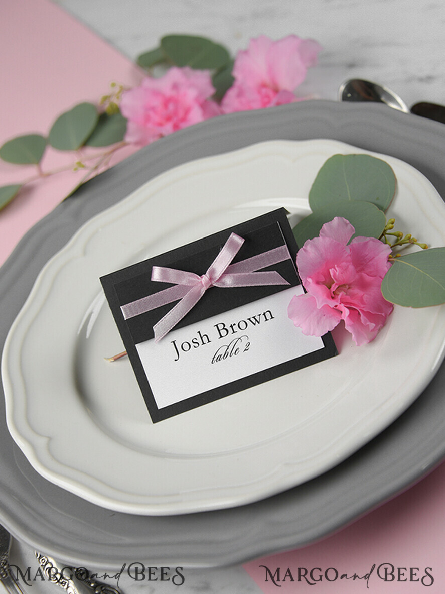 PLACE CARDS / TABLE CARDS rustic and lace Romantic Black Minimalist Wedding Table Place Cards with Pink Ribbon, Modern Elegant Botanical Place Card, Glamour Table Cards, Gorgeous Rustic Wedding Name Tag