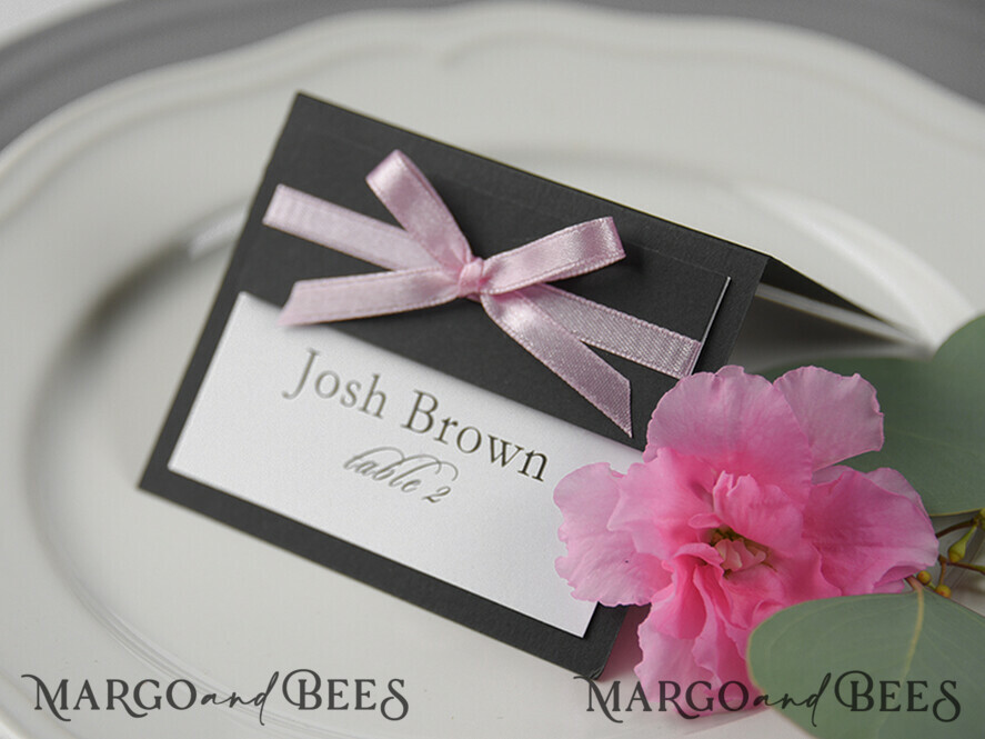PLACE CARDS / TABLE CARDS rustic and lace Romantic Black Minimalist Wedding Table Place Cards with Pink Ribbon, Modern Elegant Botanical Place Card, Glamour Table Cards, Gorgeous Rustic Wedding Name Tag