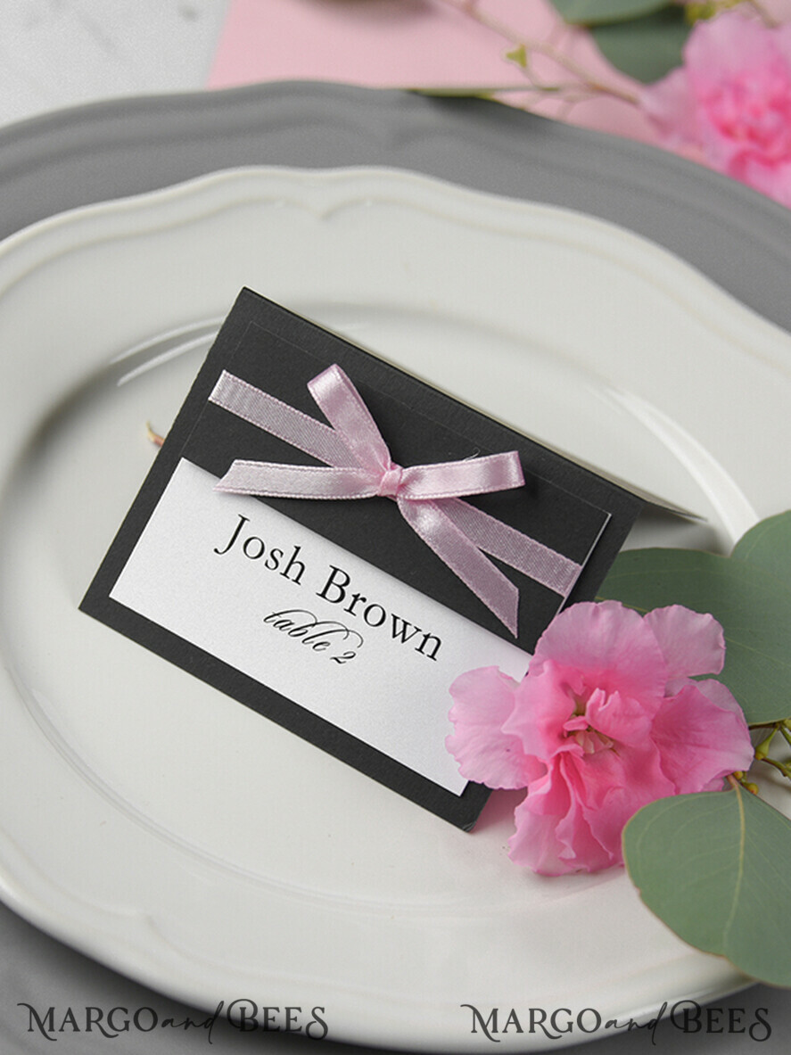 PLACE CARDS / TABLE CARDS rustic and lace Romantic Black Minimalist Wedding Table Place Cards with Pink Ribbon, Modern Elegant Botanical Place Card, Glamour Table Cards, Gorgeous Rustic Wedding Name Tag