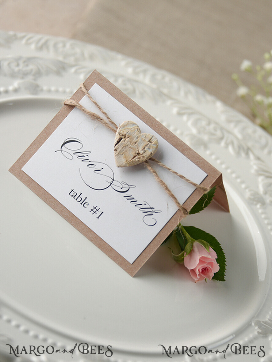 PLACE CARDS / TABLE CARDS rustic and lace Elegant Eco White Wedding Place Cards with Wooden Heart, White Wedding Name Tags with Burlap Twine and Birch Heart, Rustic Wedding Stationery, Editable Text