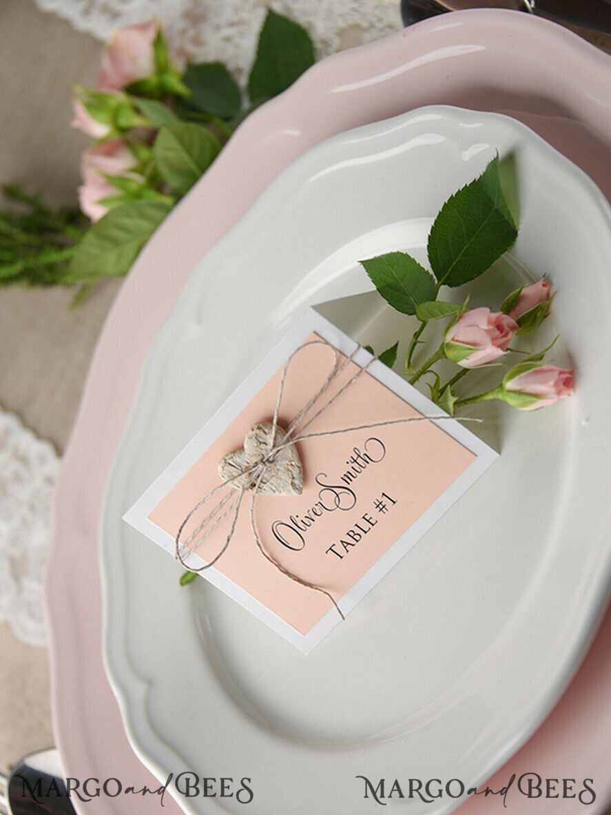 PLACE CARDS / TABLE CARDS rustic and lace Elegant Eco White Wedding Place Cards with Wooden Heart, Pink Wedding Name Tags with Natural Twine and Birch Heart, Rustic Wedding Stationery, Editable Text