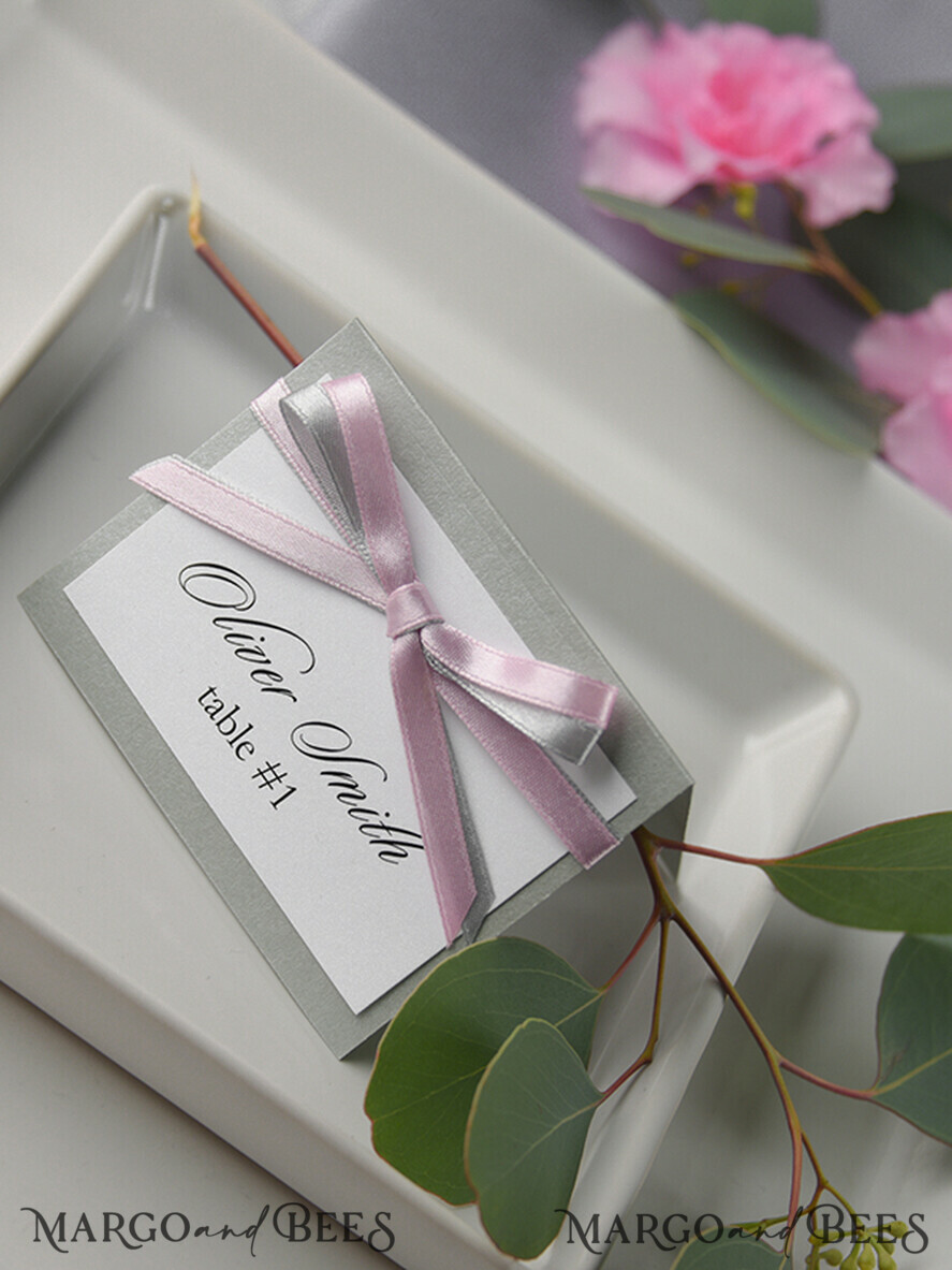 PLACE CARDS / TABLE CARDS rustic and lace Romantic Grey Wedding Place Cards, Grey Name Tags with Grey and Pink Ribbon Bow, Elegant Wedding Stationery, Rustic Escort Cards, Editable Text, Shabby Chic 